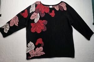 Chico's Womens Sweater Top 3/4 Sleeve Black and Red Floral Size 3 XL